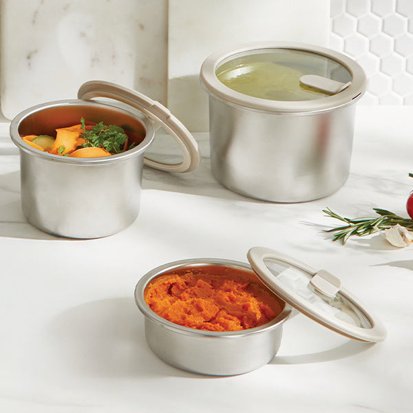 Lot 3 boîtes de conservation rondes en inox avec couvercles en verre 450 ml, 900 ml et 1,5 L compatibles micro-ondes Mathon - Mathon - 2