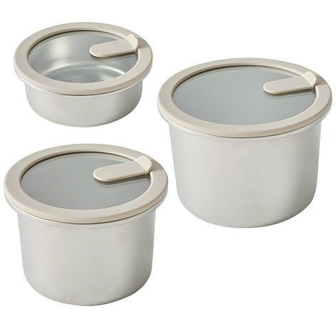 Lot 3 boîtes de conservation rondes en inox avec couvercles en verre 450 ml, 900 ml et 1,5 L compatibles micro-ondes Mathon - Mathon - 1