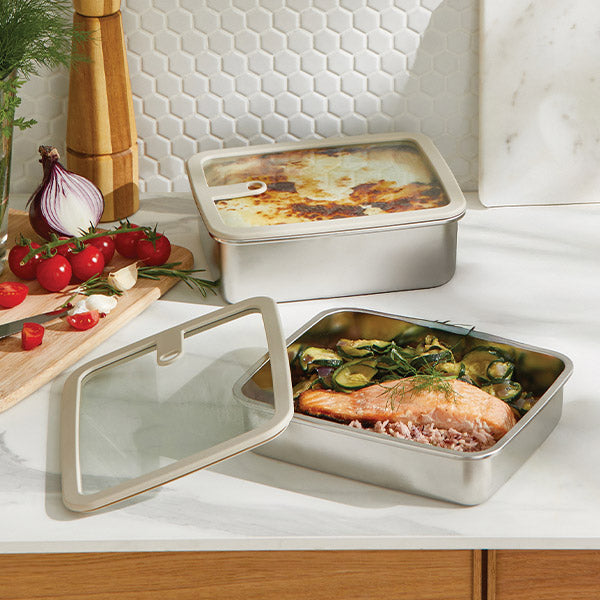 Lot 2 boîtes de conservation rectangulaires en inox avec couvercles en verre 1,7 L et 2,4 L compatibles micro-ondes Mathon - Mathon - 2
