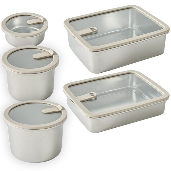 Lot 5 boîtes de conservation en inox avec couvercles en verre 450, 900, 1500, 1700, 2400 ml compatibles micro-ondes Mathon - Mathon - 1