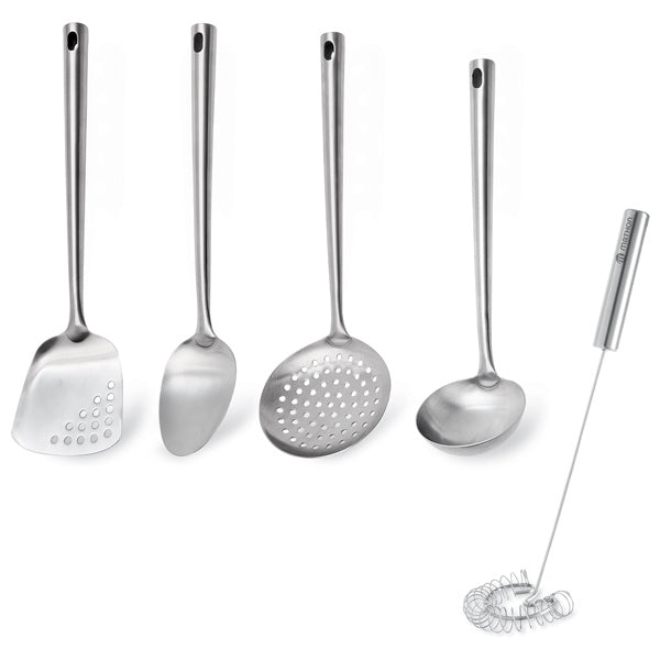 Lot de 4 ustensiles avec louche, cuillère, spatule, écumoire et d’un fouet magique à spirale 30 cm en inox Mathon - Mathon - 1