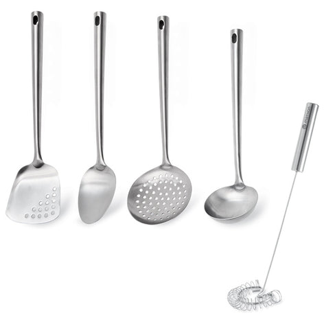 Lot de 4 ustensiles avec louche, cuillère, spatule, écumoire et d’un fouet magique à spirale 30 cm en inox Mathon - Mathon - 1
