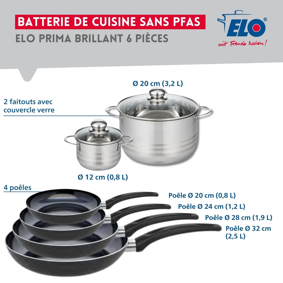 Ensemble de 4 Poêles de cuisson 20, 24, 28 et 32 cm et 2 faitouts 12 et 20 cm  Prima Brillant Elo - Mathon - 2