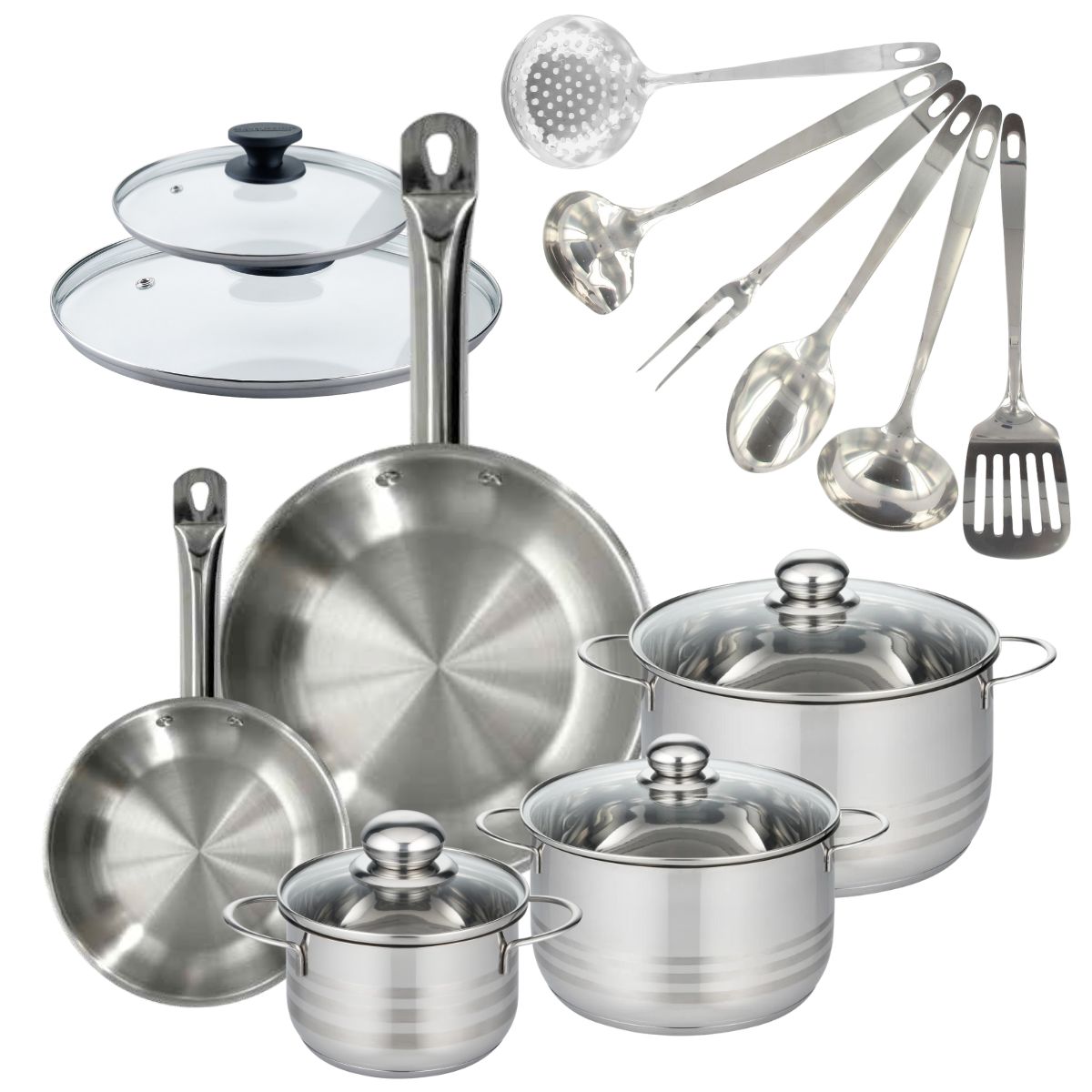 Set 2 poêles 20 et 28 cm en inox et couvercles, 3 faitouts inox 16, 20 et 24 cm et 6 ustensiles inox  Eterna Fackelmann - Mathon - 1
