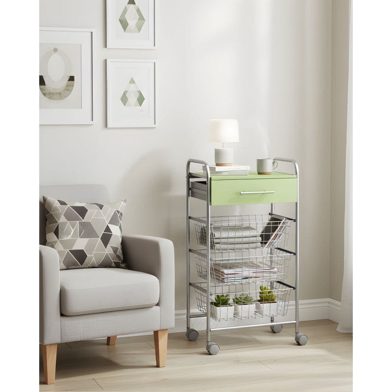 Desserte de cuisine alesia pistache – 3 paniers, tiroir et plateau d