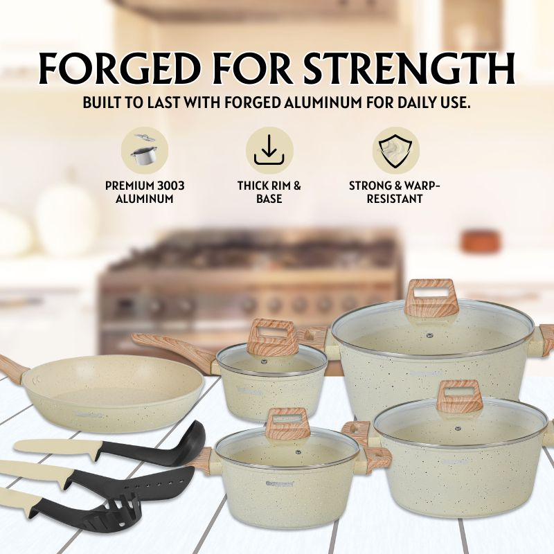 Batterie de cuisine 15 pièces avec revêtement en granit et manche en Bois Noir Herzberg beige HGWDBEJ15-BEI Herzberg - Mathon - 6