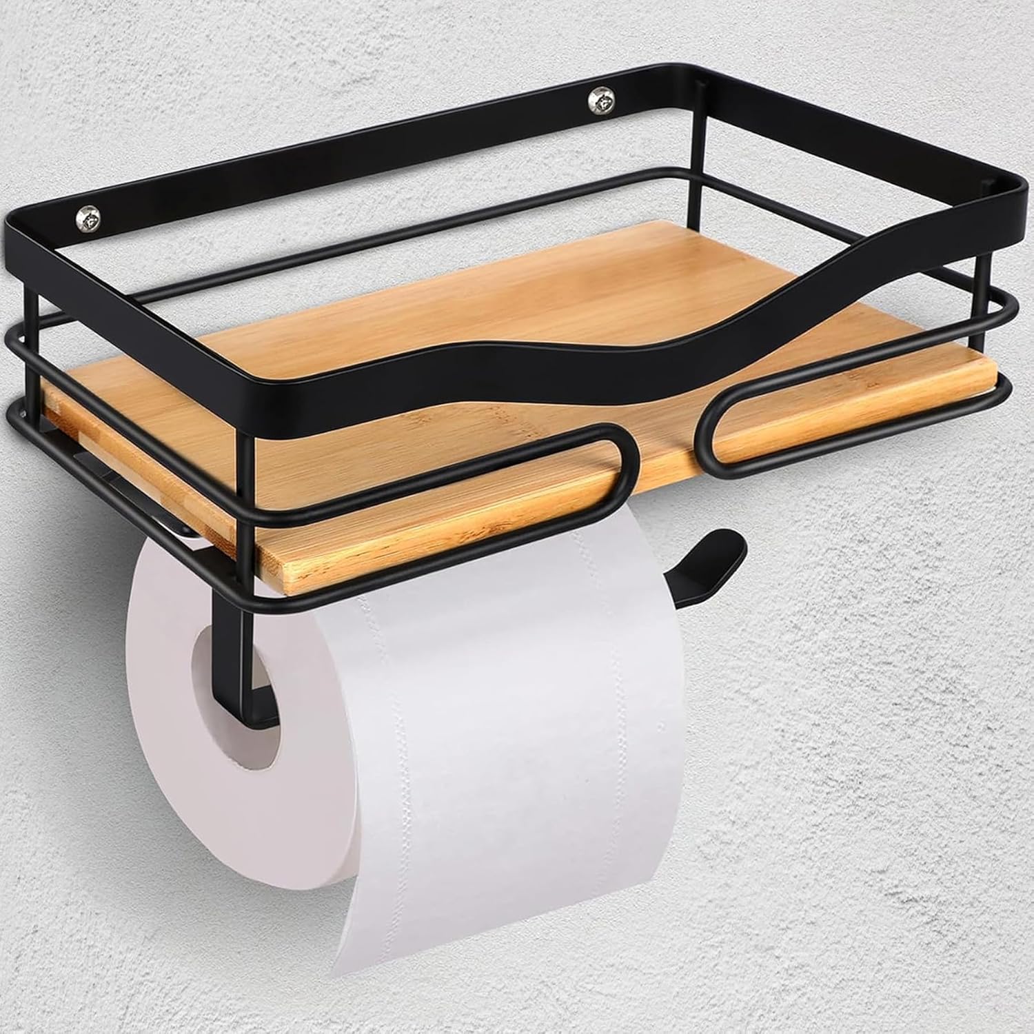 Porte-papier toilette noir métal et bambou autocollant Vendos85 - Mathon