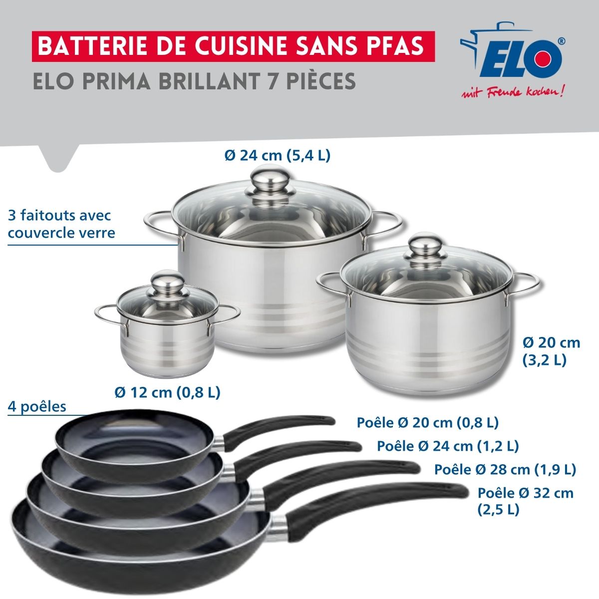 Ensemble de 4 Poêles de cuisson 20, 24, 28 et 32 cm et 3 faitouts 12, 20 et 24 cm  Prima Brillant Elo - Mathon - 2
