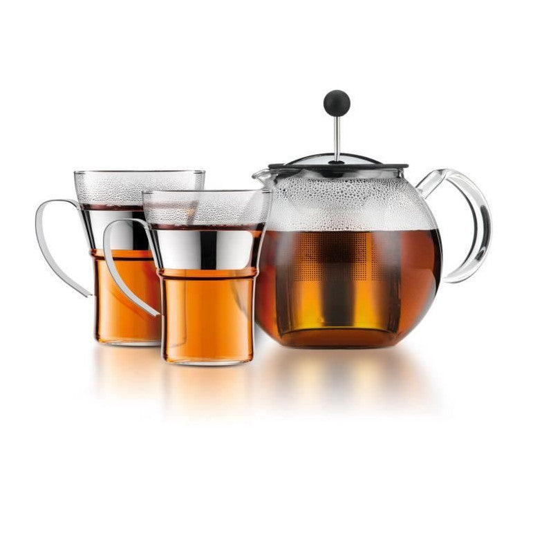 Théiere A Piston - Bodum - Assam Set - 1.0 L Avec Couvercle, Filtre Inox + 2 Tasses Verre Anse Inox 0.35 L Bodum - Mathon