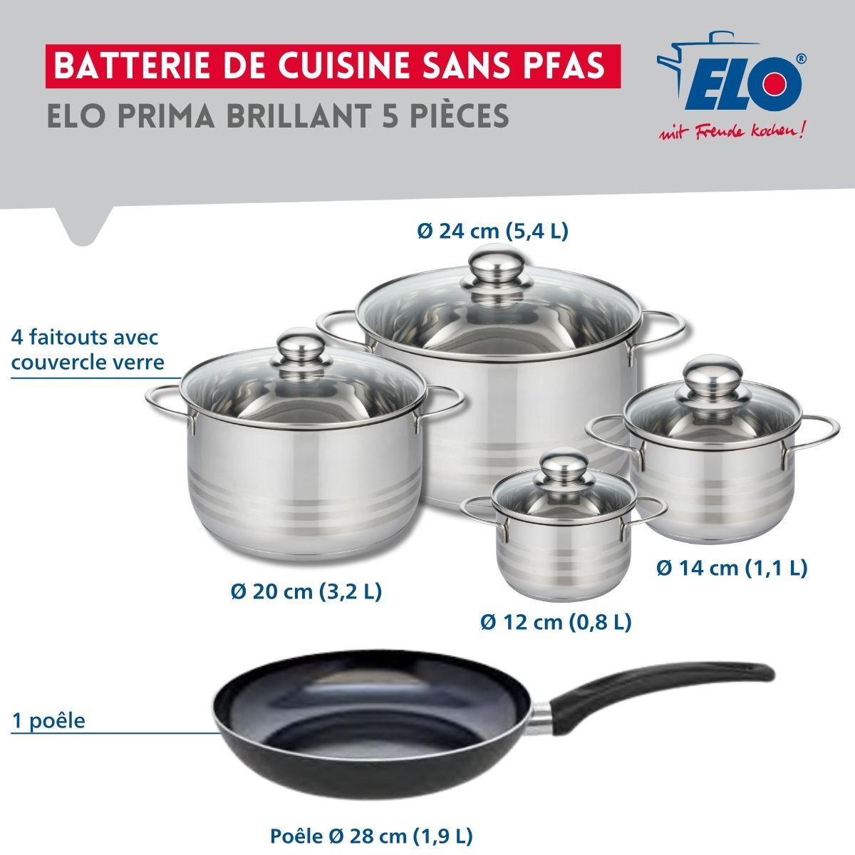 Ensemble de 1 Poêle de cuisson 28 cm et 4 faitouts 12, 14, 20 et 24 cm  Prima Brillant Elo - Mathon - 2