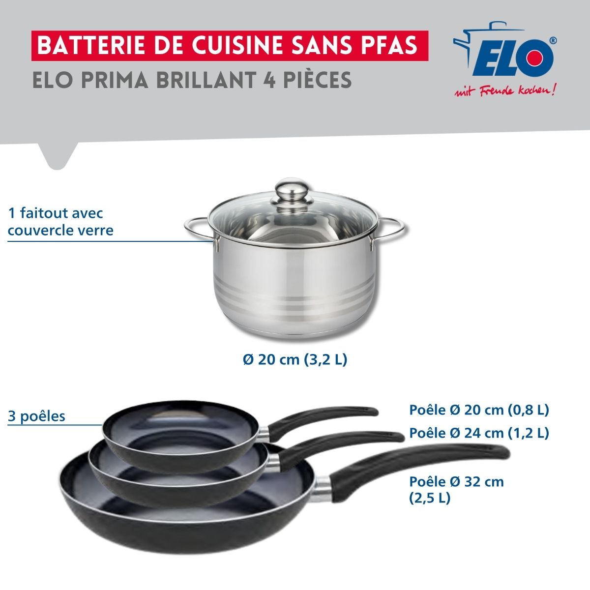 Ensemble de 3 Poêles de cuisson 20, 24 et 32 cm et 1 faitout 20 cm  Prima Brillant Elo - Mathon - 2