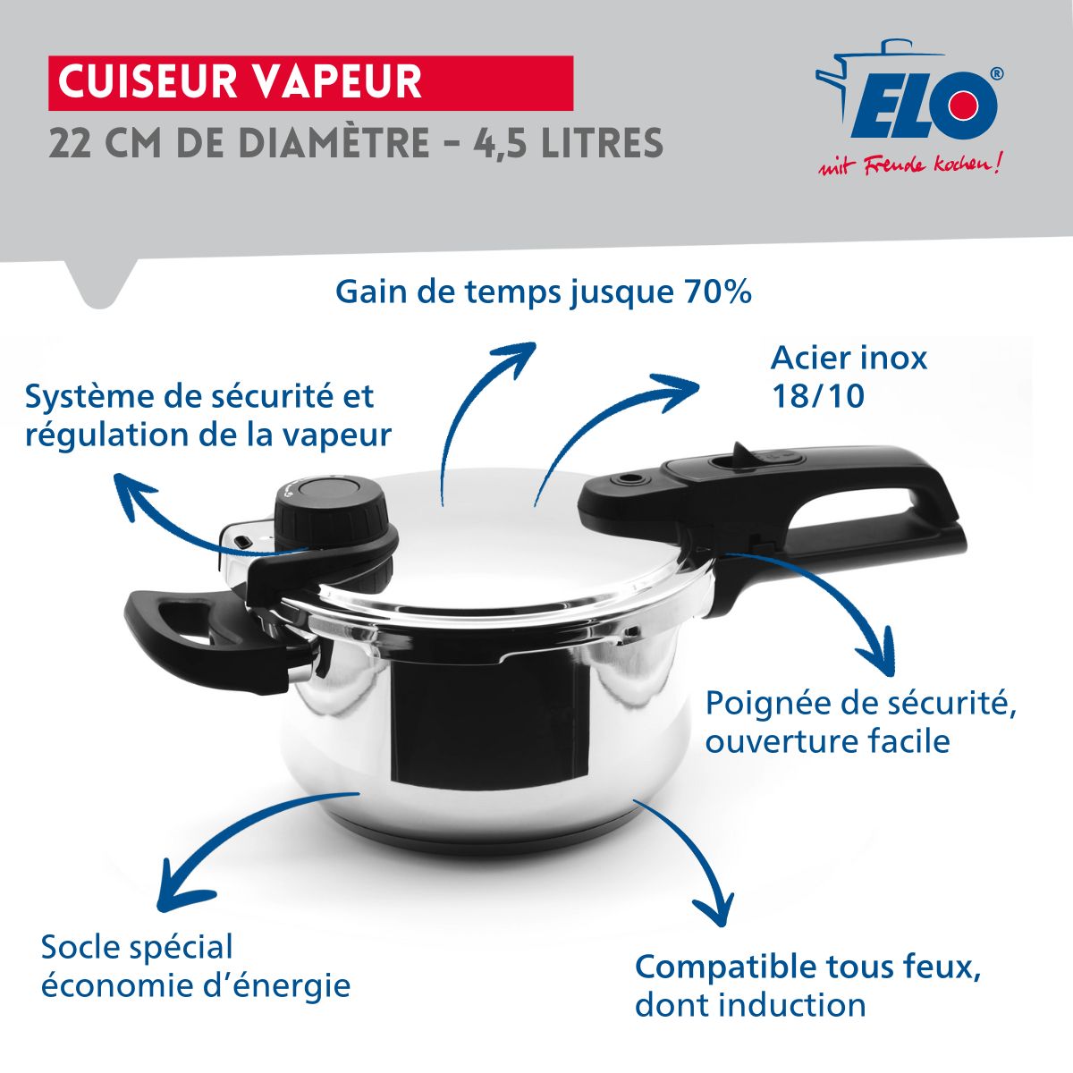 Autocuiseur vapeur en acier inoxydable 18/10 22 cm 4,5 litres  Mistral Premium Elo - Mathon - 3