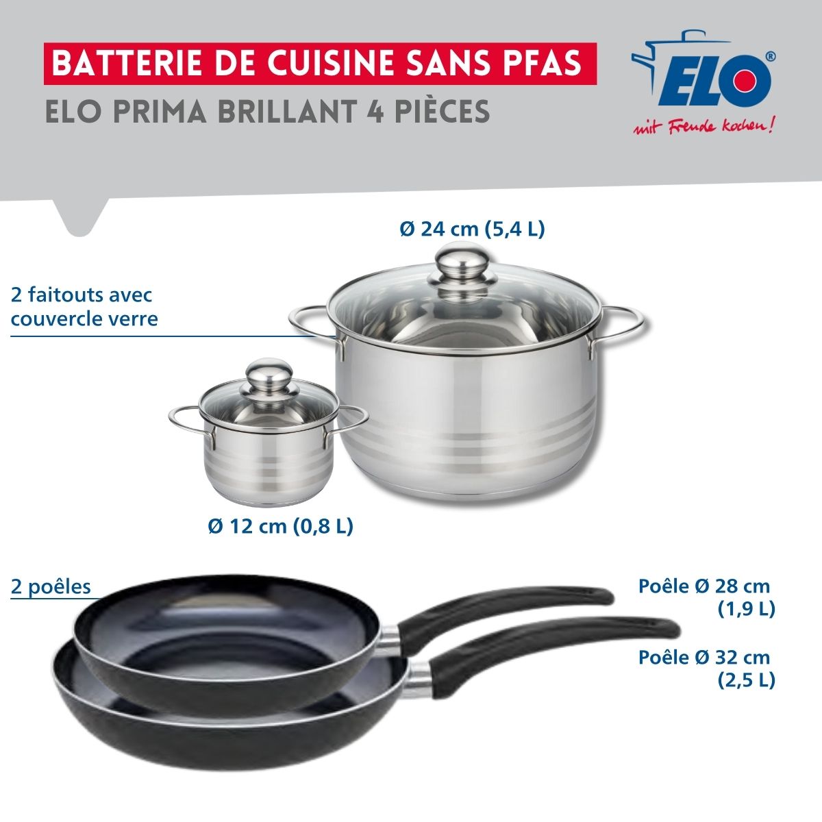 Ensemble de 2 Poêles de cuisson 28 et 32 cm et 2 faitouts 12 et 24 cm  Prima Brillant Elo - Mathon - 2
