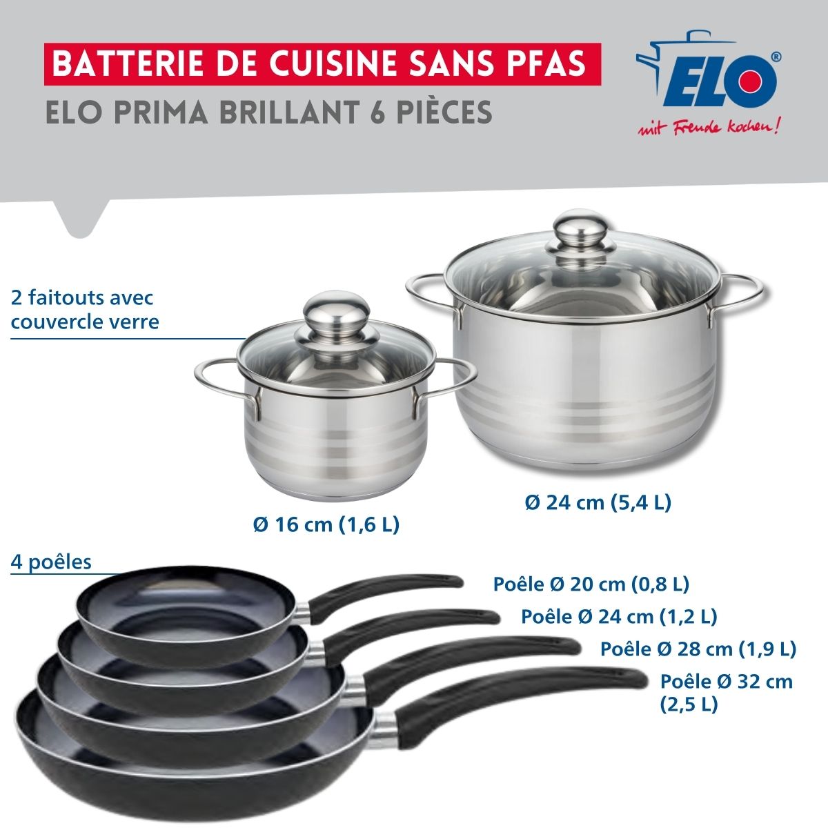 Ensemble de 4 Poêles de cuisson 20, 24, 28 et 32 cm et 2 faitouts 16 et 24 cm  Prima Brillant Elo - Mathon - 2