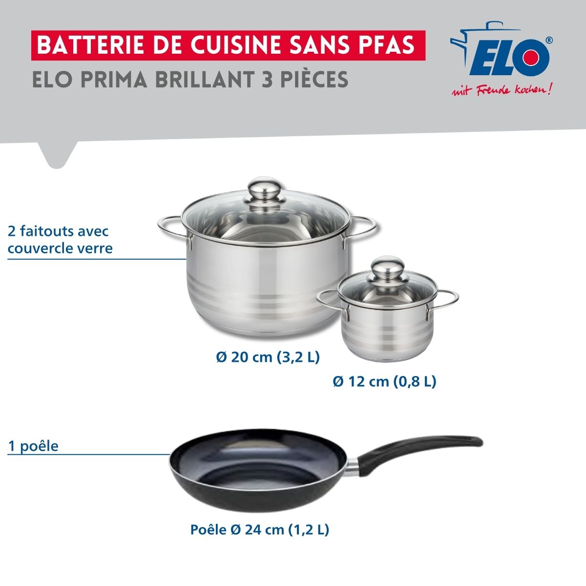 Ensemble de 1 Poêle de cuisson 24 cm et 2 faitouts 12 et 20 cm  Prima Brillant Elo - Mathon - 2