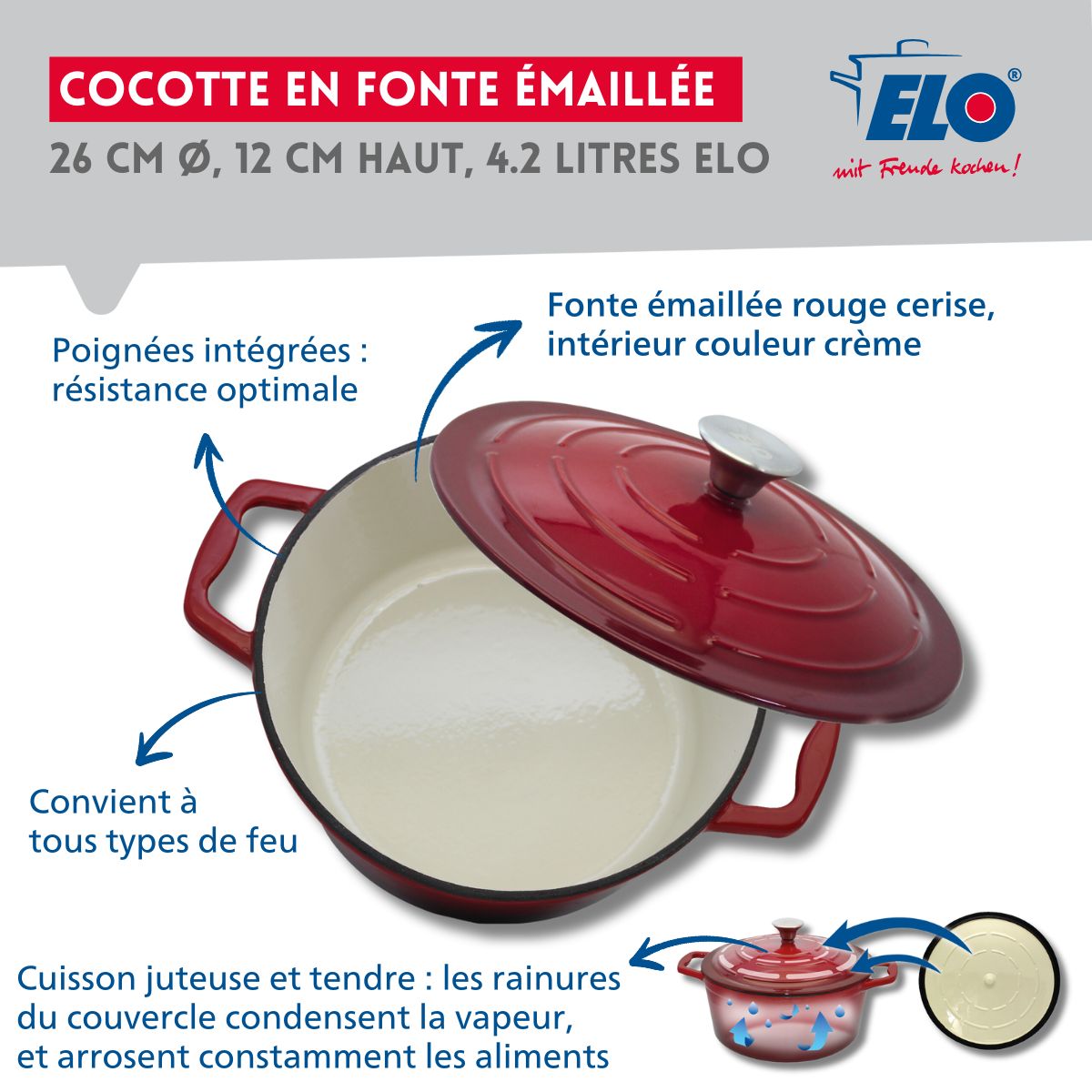 Cocotte en fonte émaillée 26 cm rouge cerise 4.5 L Elo - Mathon - 3