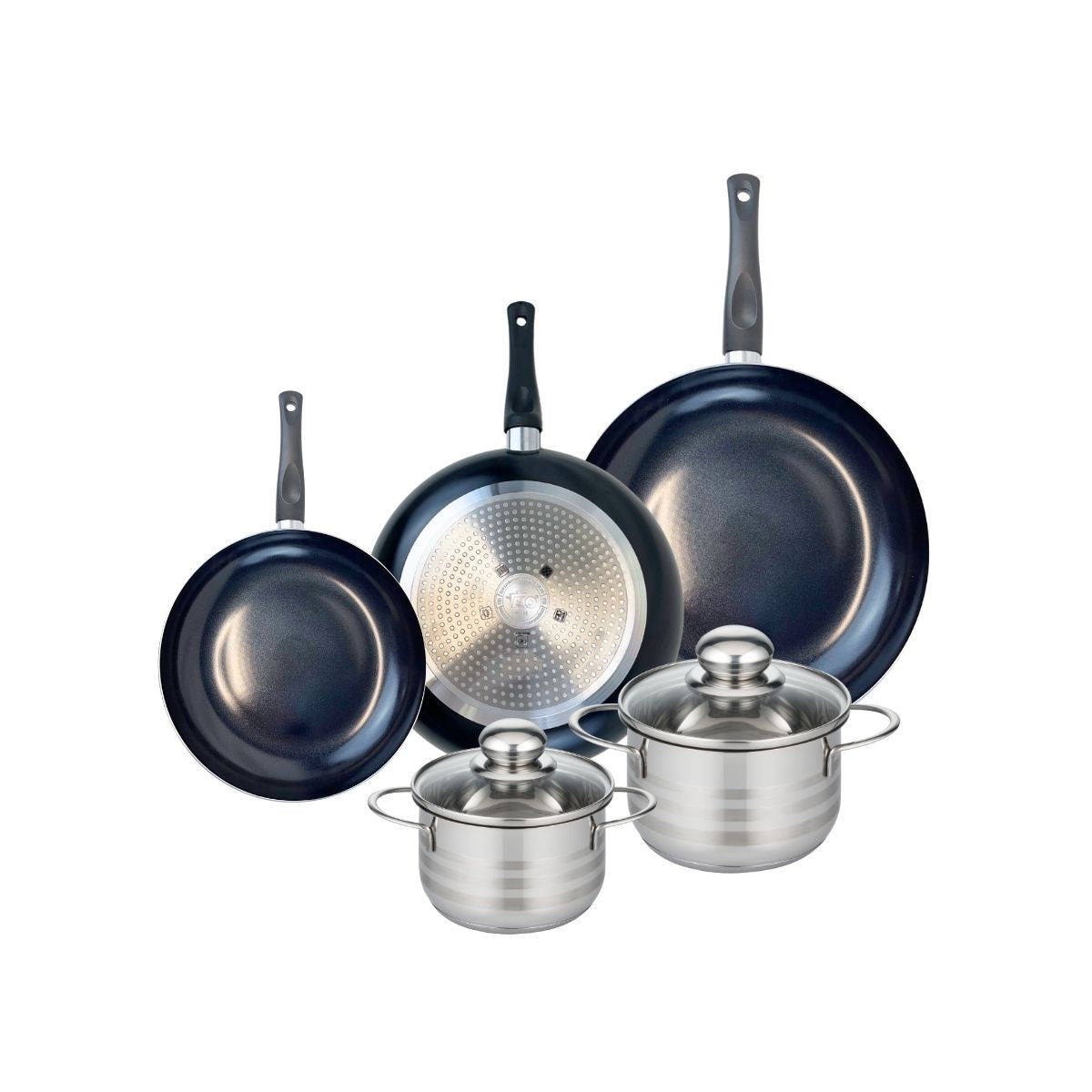 Ensemble de 3 Poêles de cuisson 20, 24 et 28 cm et 2 faitouts 14 et 16 cm  Prima Brillant Elo - Mathon - 1