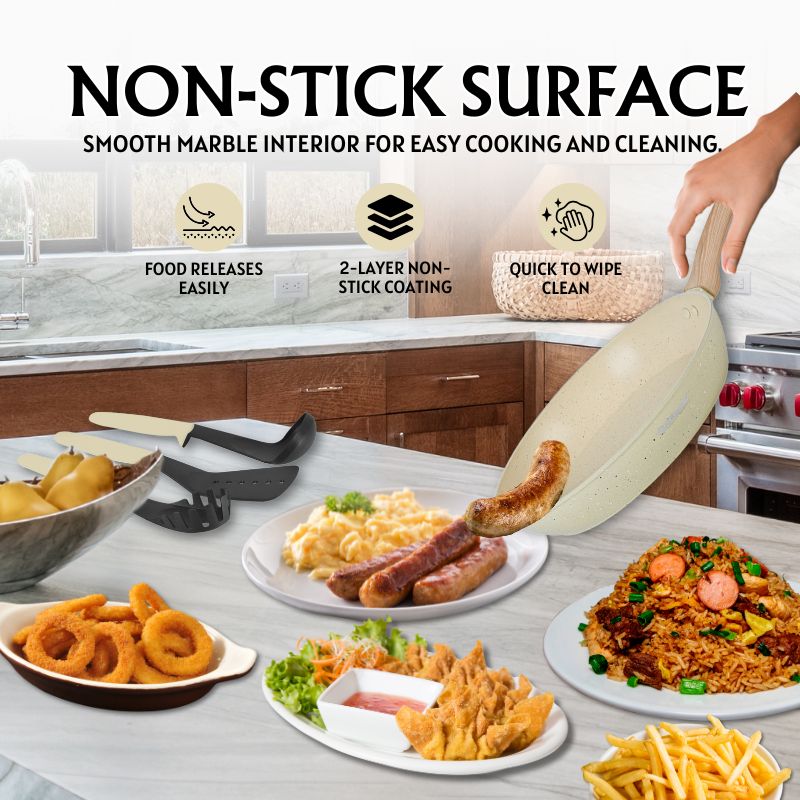 Batterie de cuisine 15 pièces avec revêtement en granit et manche en Bois Noir Herzberg beige HGWDBEJ15-BEI Herzberg - Mathon - 4