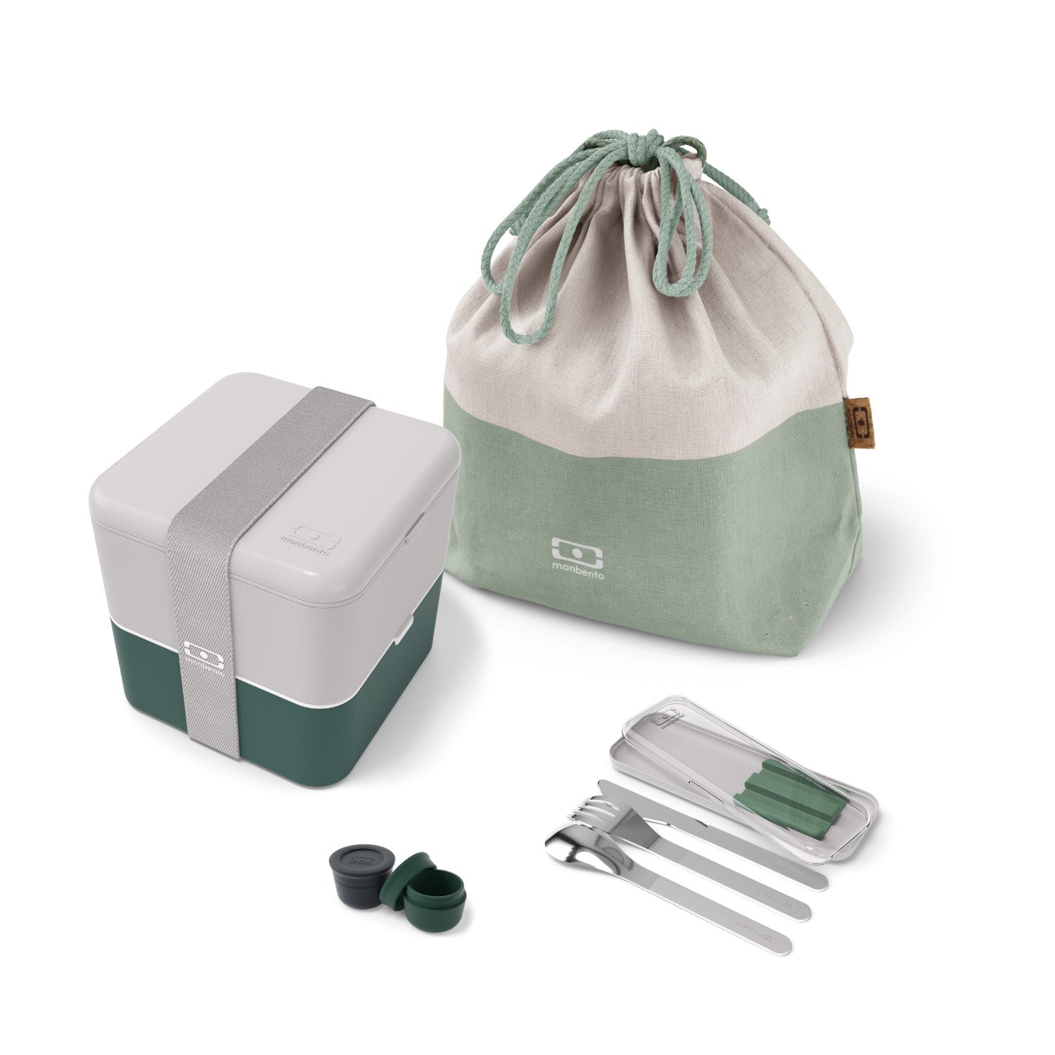 Set repas complet lunch box 2 étages 1,7L gris/vert + accessoires Monbento - Mathon - 1