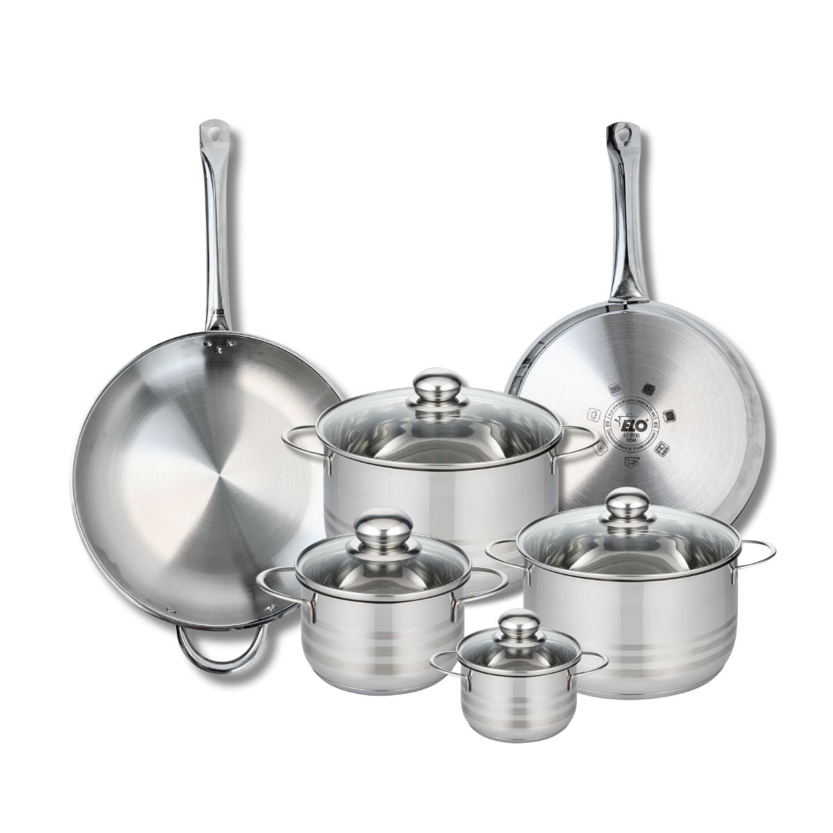 Ensemble de 2 Poêles de cuisson 28 et 32 cm et 4 faitouts 12, 16, 20 et 24 cm  Profi Brillant Elo - Mathon - 1