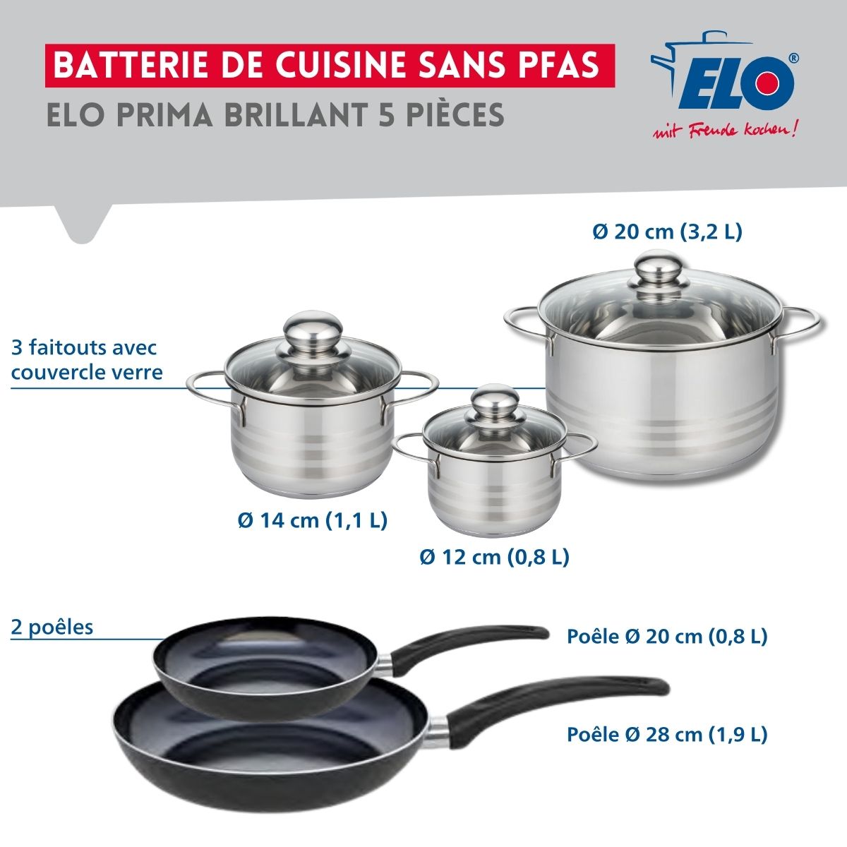 Ensemble de 2 Poêles de cuisson 20 et 28 cm et 3 faitouts 12, 14 et 20 cm  Prima Brillant Elo - Mathon - 2