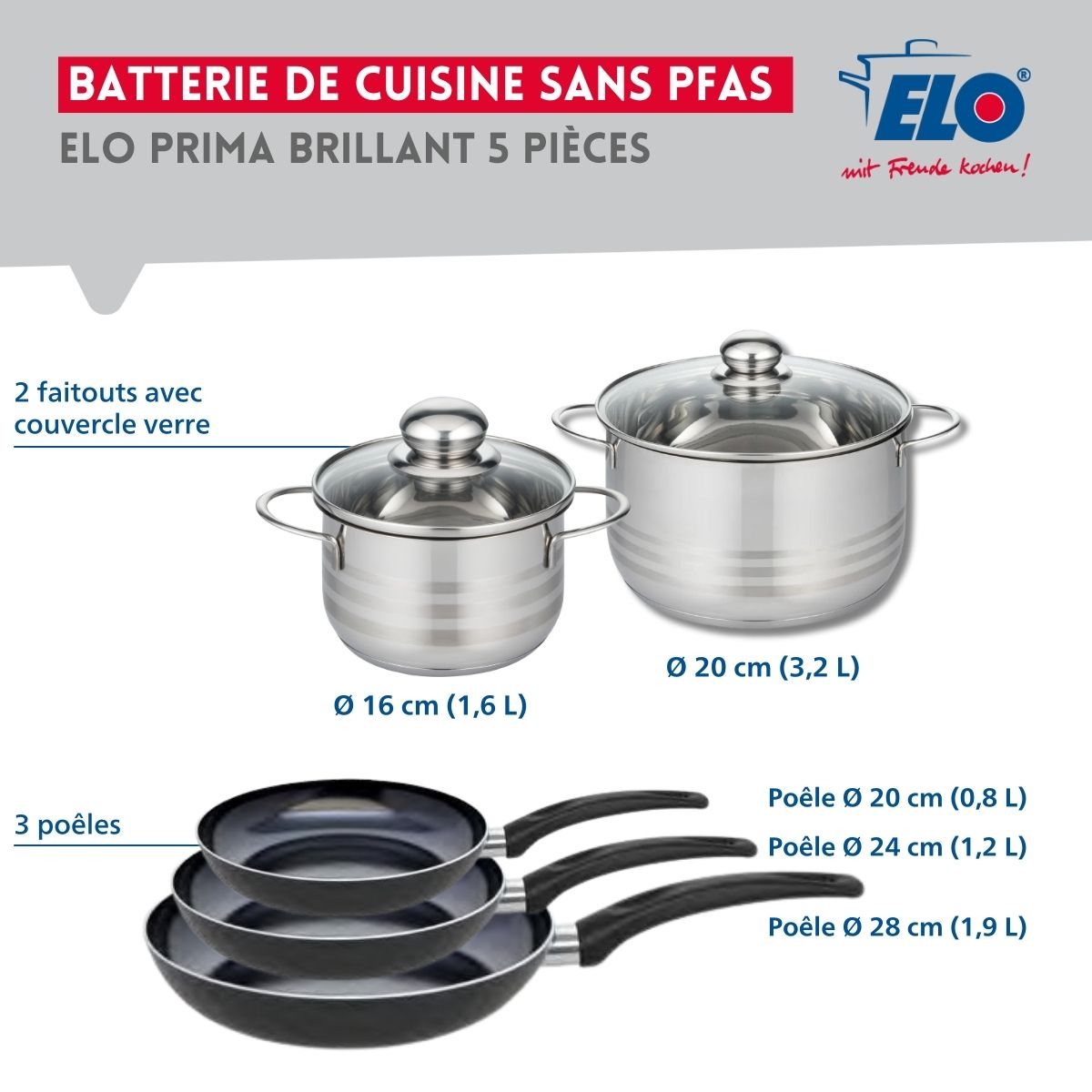 Ensemble de 3 Poêles de cuisson 20, 24 et 28 cm et 2 faitouts 16 et 20 cm  Prima Brillant Elo - Mathon - 2