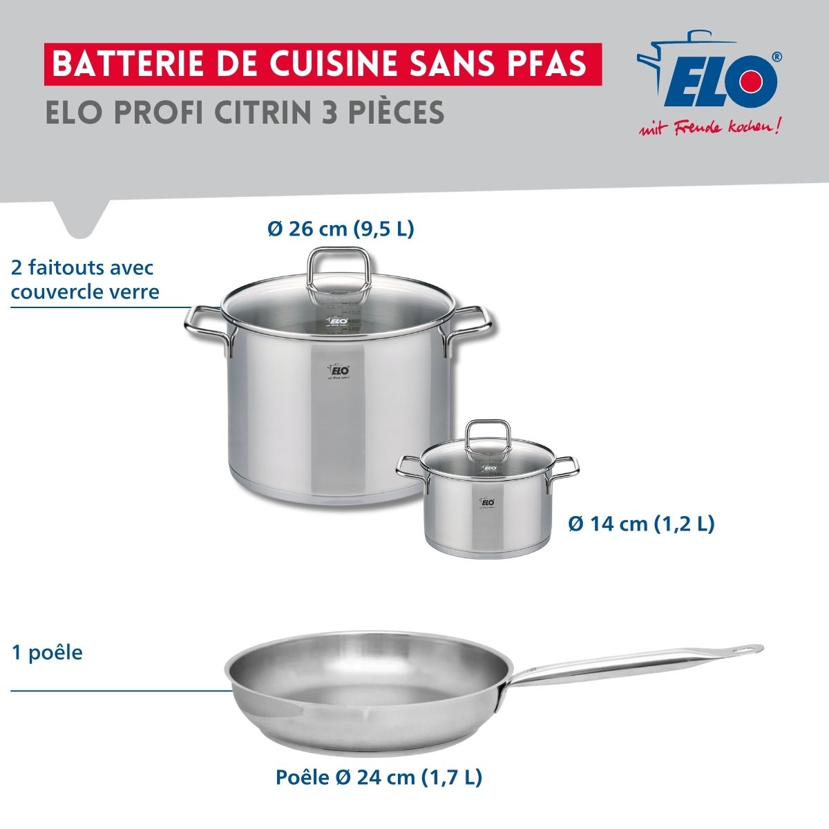 Ensemble de 1 Poêle de cuisson 24 cm et 2 faitouts 14 et 26 cm  Profi Citrin Elo - Mathon - 2