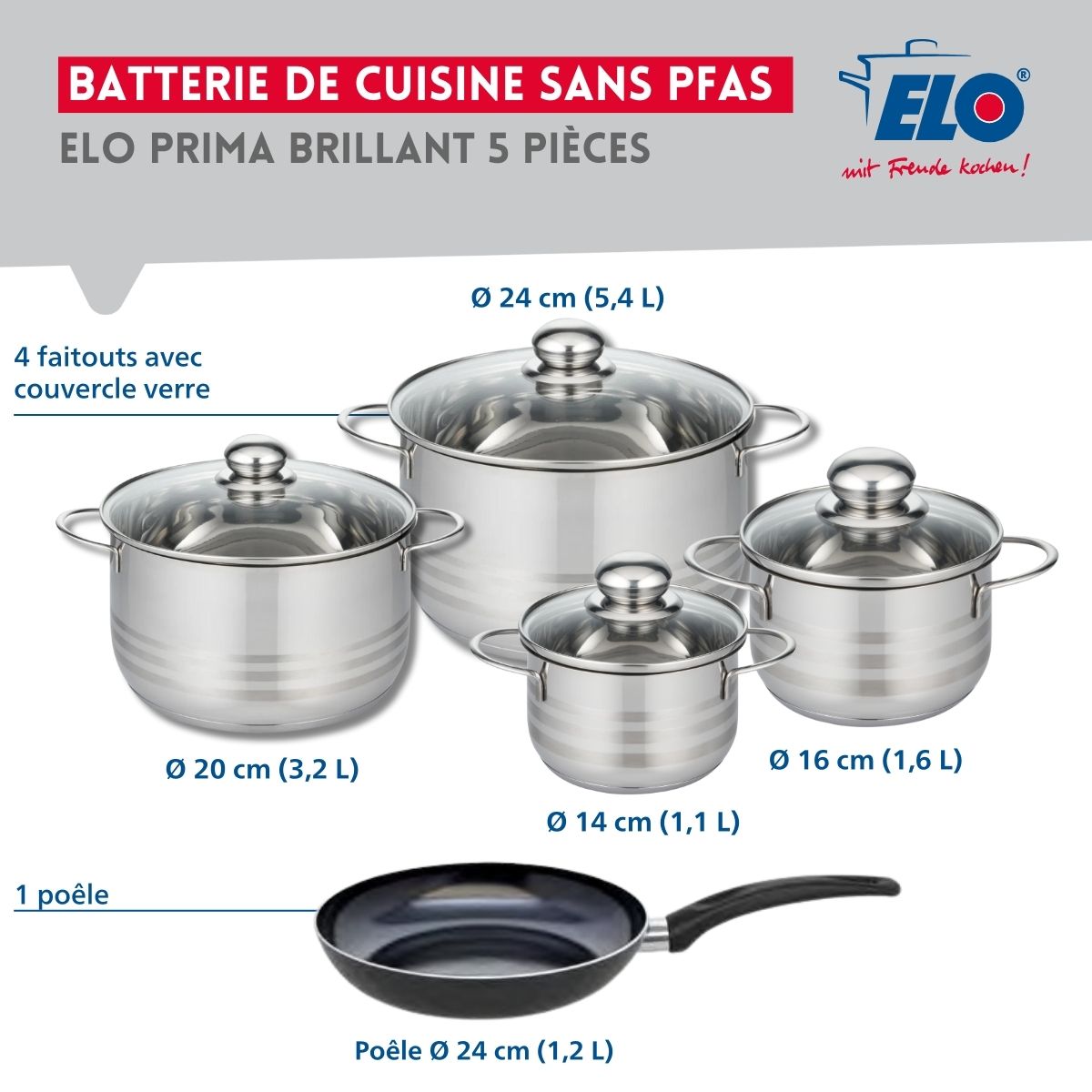 Ensemble de 1 Poêle de cuisson 24 cm et 4 faitouts 14, 16, 20 et 24 cm  Prima Brillant Elo - Mathon - 2