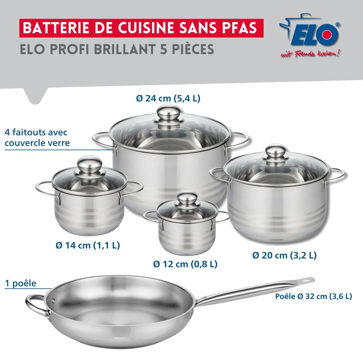 Ensemble de 1 Poêle de cuisson 32 cm et 4 faitouts 12, 14, 20 et 24 cm  Profi Brillant Elo - Mathon - 2