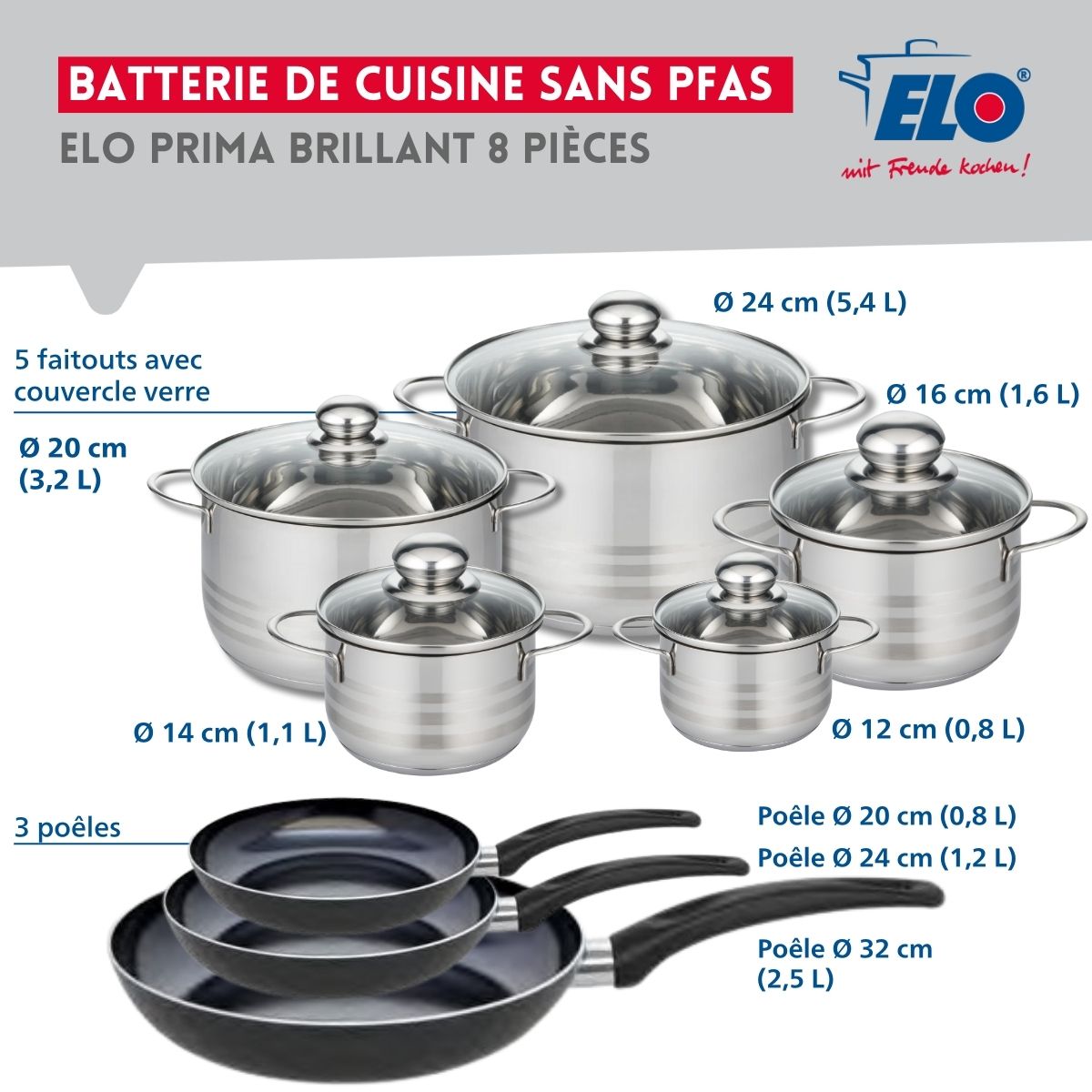 Ensemble de 3 Poêles de cuisson 20, 24 et 32 cm et 5 faitouts 12, 14, 16, 20 et 24 cm  Prima Brillant Elo - Mathon - 2