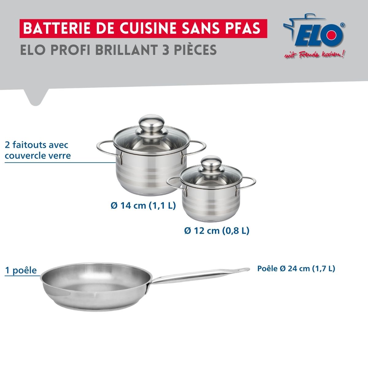 Ensemble de 1 Poêle de cuisson 24 cm et 2 faitouts 12 et 14 cm  Profi Brillant Elo - Mathon - 2