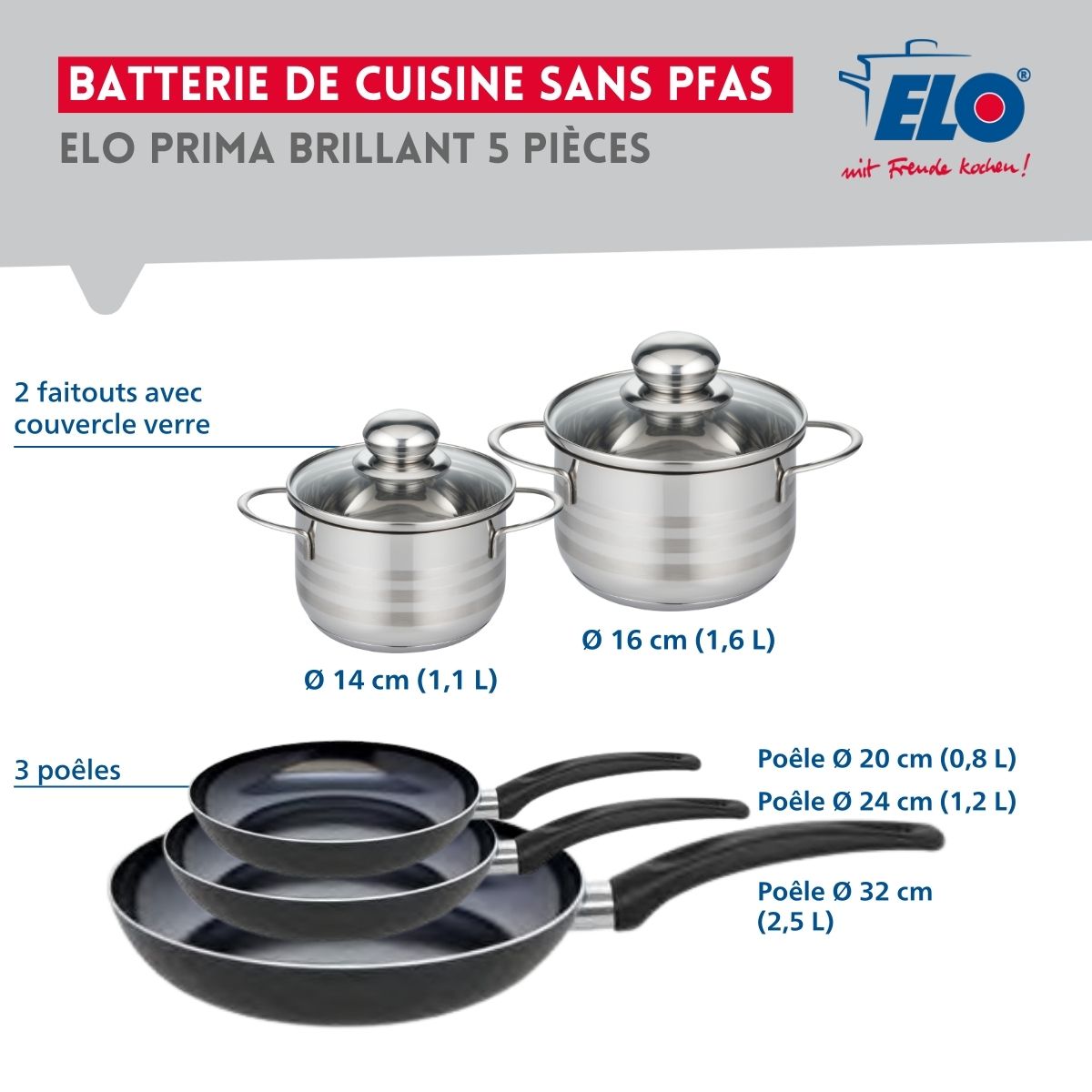 Ensemble de 3 Poêles de cuisson 20, 24 et 32 cm et 2 faitouts 14 et 16 cm  Prima Brillant Elo - Mathon - 2
