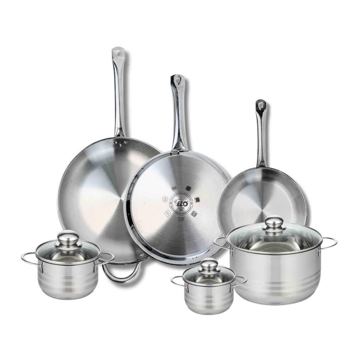 Ensemble de 3 Poêles de cuisson 24, 28 et 32 cm et 3 faitouts 12, 14 et 20 cm  Profi Brillant Elo - Mathon - 1