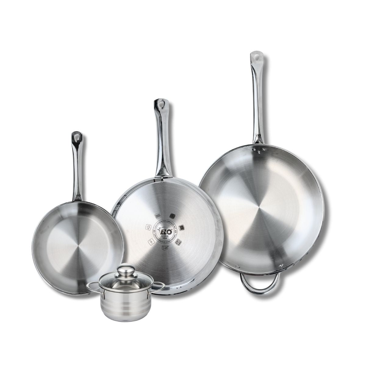 Ensemble de 3 Poêles de cuisson 24, 28 et 32 cm et 1 faitout 12 cm  Profi Brillant Elo - Mathon - 1