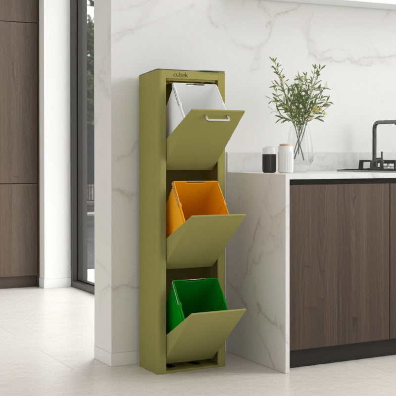 Poubelle cuisine de tri sélectif CUBEK, 3 compartiments de 20 litres, Vert olive Don Hierro - Mathon - 2