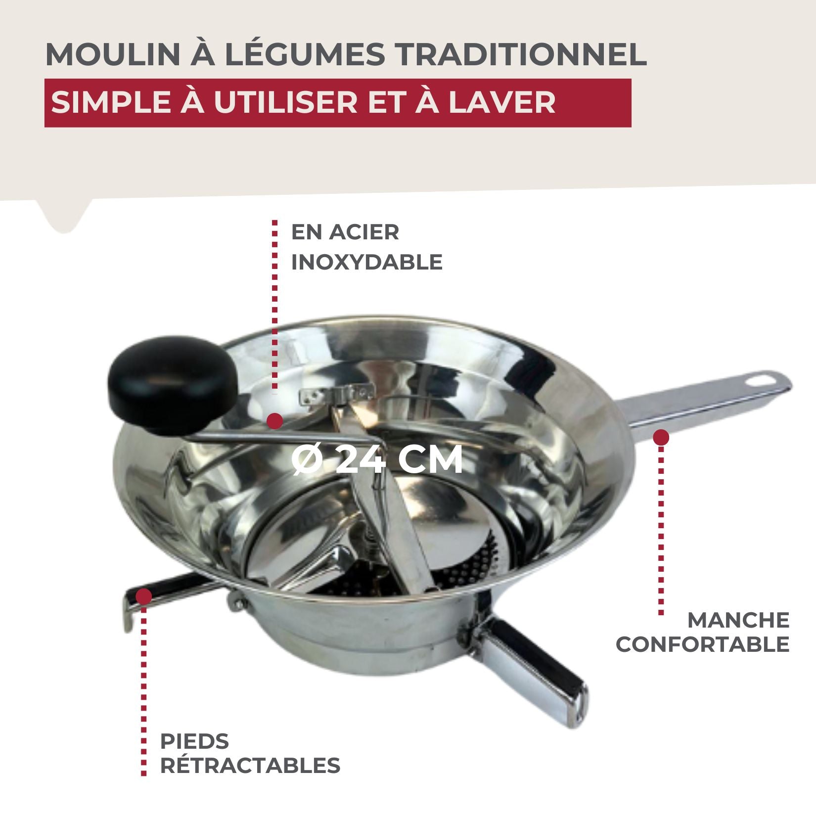 Moulin à légumes inox 24 cm  Handmade Tradition Fackelmann - Mathon - 3