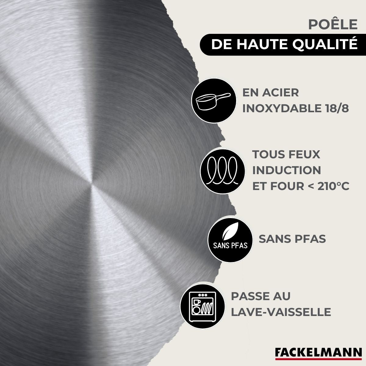 Set de 3 poêles 20, 24 et 28 cm en inox, 3 couvercles verre et 6 ustensiles inox  Eterna Fackelmann - Mathon - 4