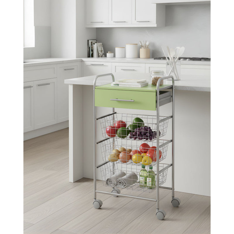 Desserte de cuisine alesia pistache – 3 paniers, tiroir et plateau d