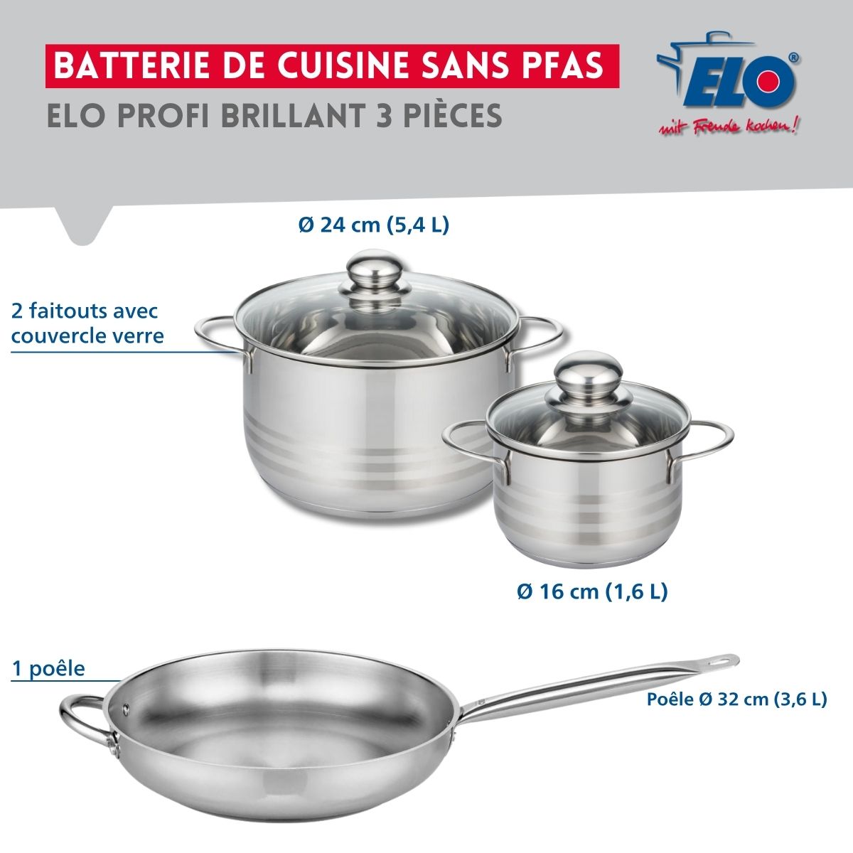 Ensemble de 1 Poêle de cuisson 32 cm et 2 faitouts 16 et 24 cm  Profi Brillant Elo - Mathon - 2