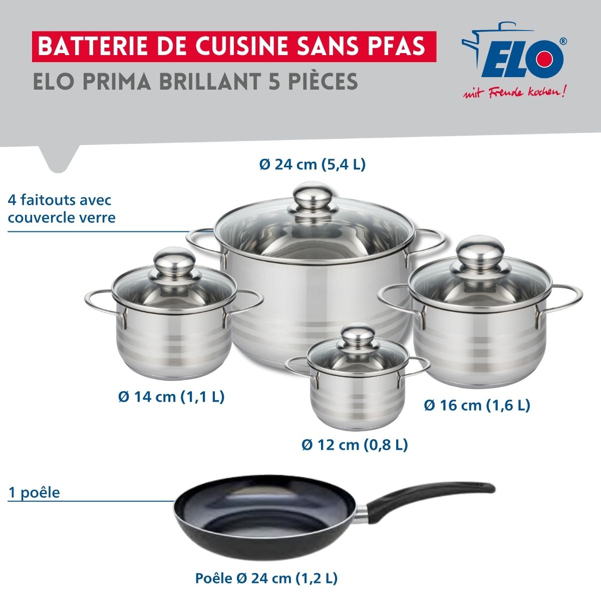 Ensemble de 1 Poêle de cuisson 24 cm et 4 faitouts 12, 14, 16 et 24 cm  Prima Brillant Elo - Mathon - 2