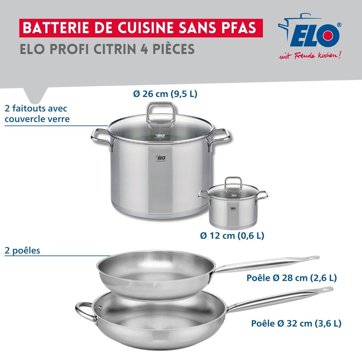 Ensemble de 2 Poêles de cuisson 28 et 32 cm et 2 faitouts 12 et 26 cm  Profi Citrin Elo - Mathon - 2