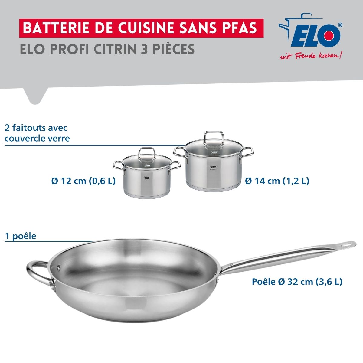 Ensemble de 1 Poêle de cuisson 32 cm et 2 faitouts 12 et 14 cm  Profi Citrin Elo - Mathon - 2