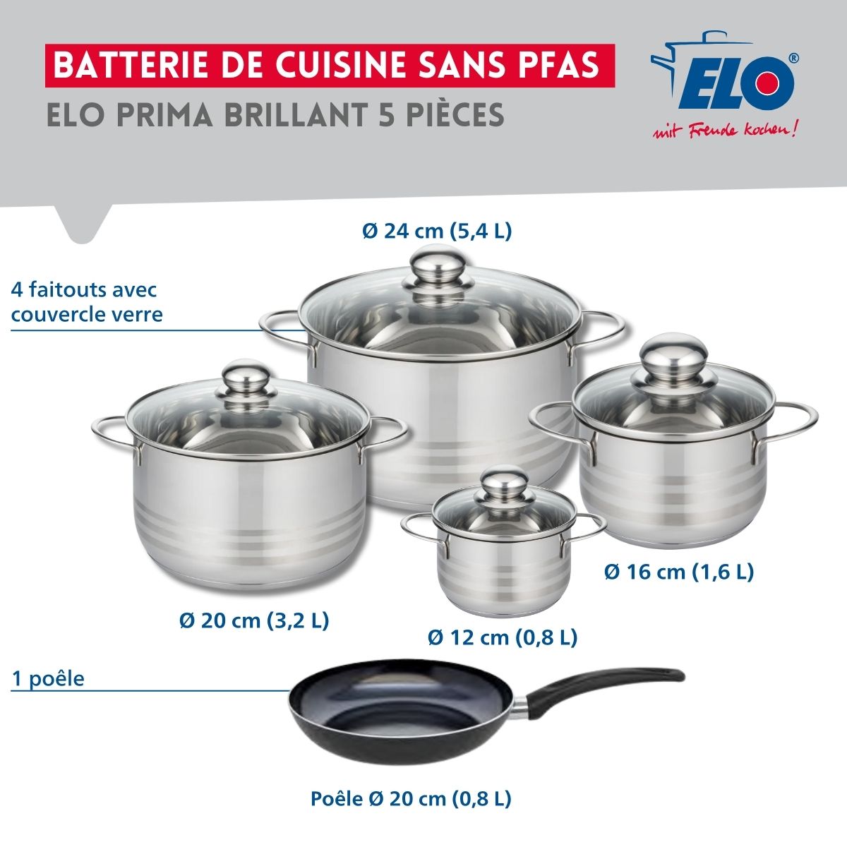 Ensemble de 1 Poêle de cuisson 20 cm et 4 faitouts 12, 16, 20 et 24 cm  Prima Brillant Elo - Mathon - 2