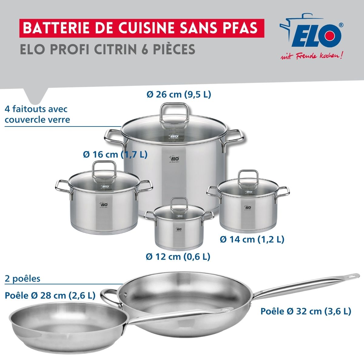 Ensemble de 2 Poêles de cuisson 28 et 32 cm et 4 faitouts 12, 14, 16 et 26 cm  Profi Citrin Elo - Mathon - 2