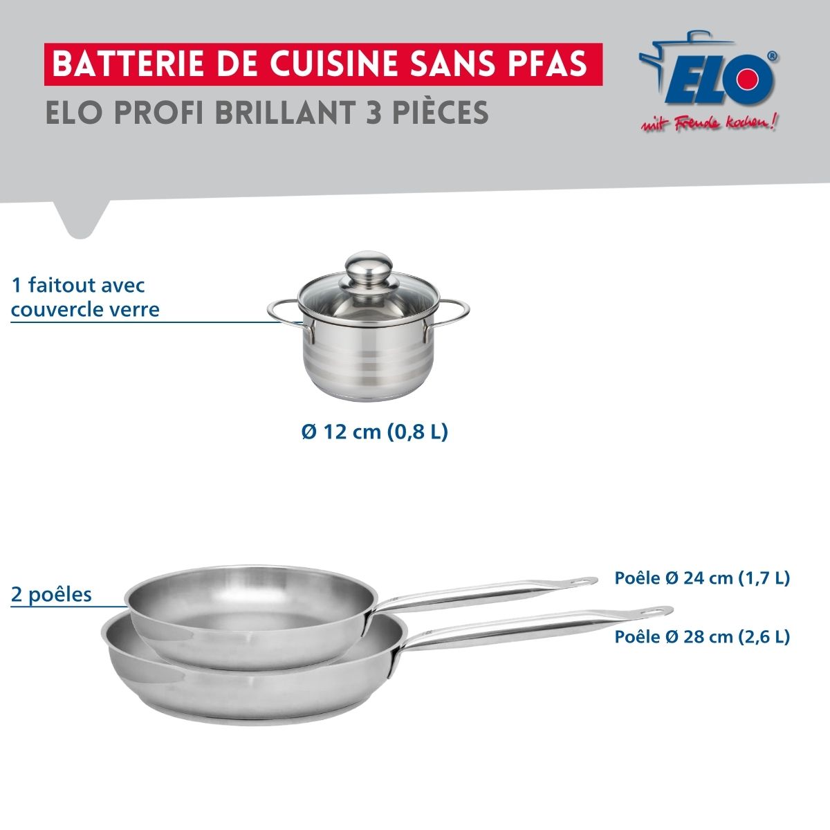 Ensemble de 2 Poêles de cuisson 24 et 28 cm et 1 faitout 12 cm  Profi Brillant Elo - Mathon - 2