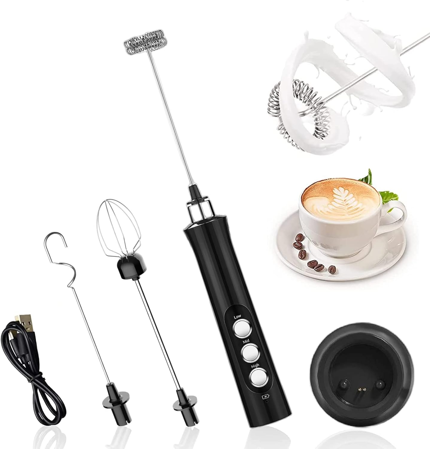 Mousseur à Lait Électrique Rechargeable USB avec Mini Fouet Electrique avec 3 Vitesses Réglable noir Vendos85 - Mathon