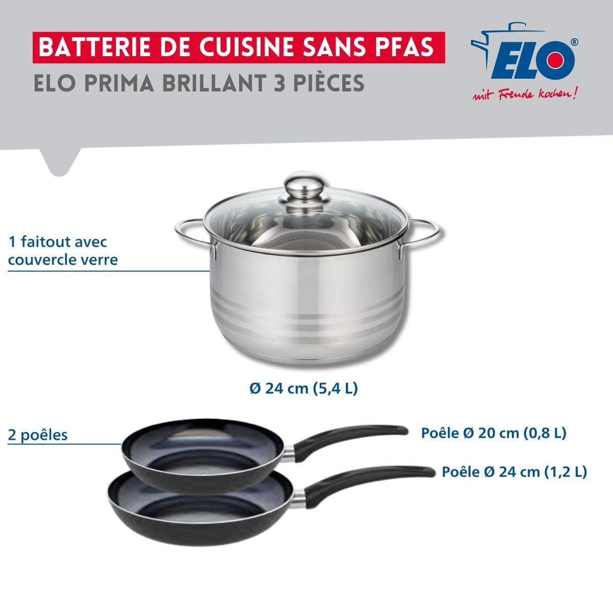 Ensemble de 2 Poêles de cuisson 20 et 24 cm et 1 faitout 24 cm  Prima Brillant Elo - Mathon - 2