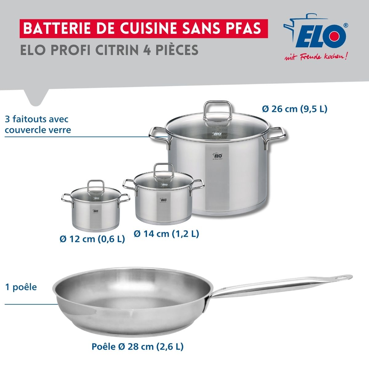Ensemble de 1 Poêle de cuisson 28 cm et 3 faitouts 12, 14 et 26 cm  Profi Citrin Elo - Mathon - 2