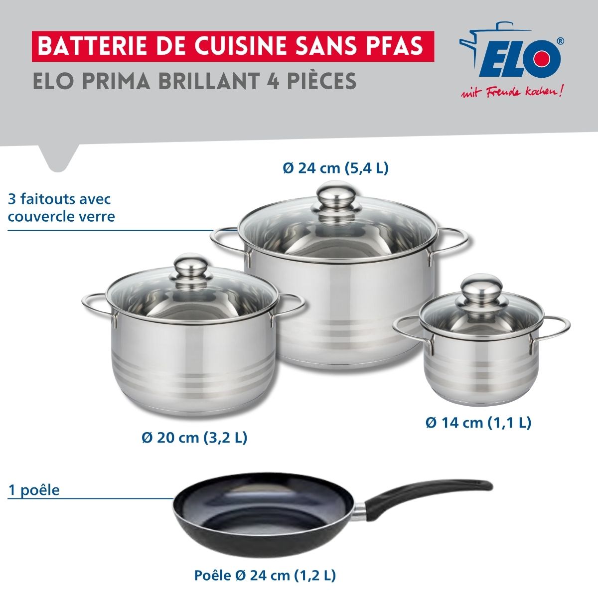 Ensemble de 1 Poêle de cuisson 24 cm et 3 faitouts 14, 20 et 24 cm  Prima Brillant Elo - Mathon - 2