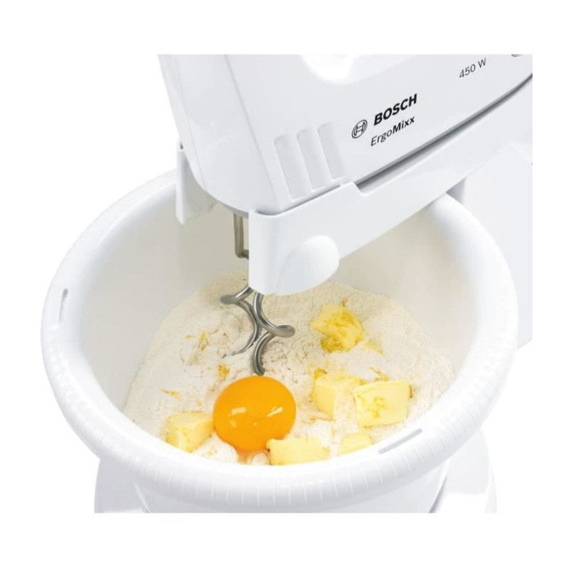 Batteur Ergomixx 450 W -   Mfq36400 Blanc/gris - 5 Vitesses+turbo - 2 Fouets Inox - 2 Crochets Pétrisseurs Inox - Bosch - Mathon - 4